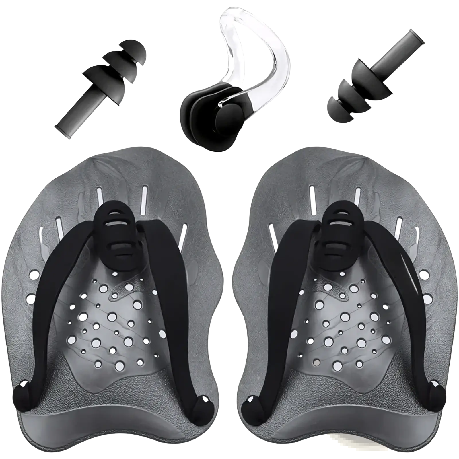 Gray swim training hand paddles with black straps and perforated design accompanied by a set of earplugs