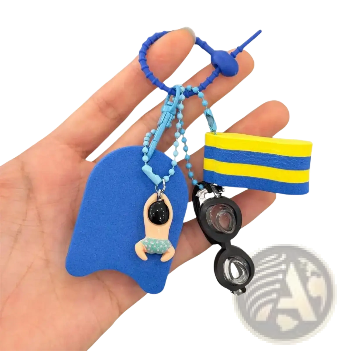 Blue and yellow striped swim float swimming keychain miniature kickboard bag charm with attached figurine by chain