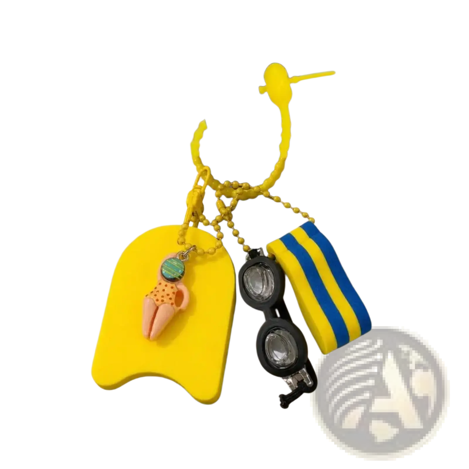Bright yellow silicone swimming keychain miniature kickboard bag charm with a pink and orange polka-dot swimsuit charm attached