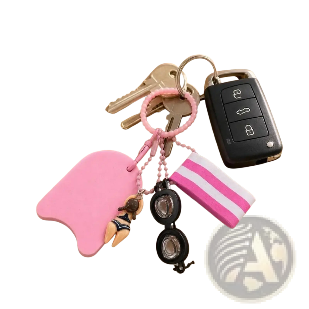 Pink silicone swimming keychain with miniature swimsuit and black goggles attached by pink beaded chains
