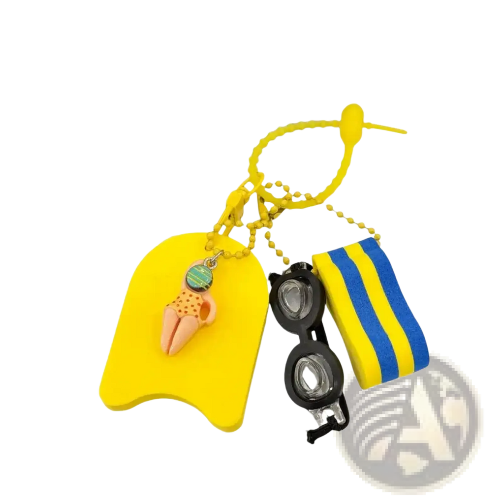 Yellow inflatable swim float miniature kickboard keychain with figurine, yellow beads, black goggles, and striped arm floats