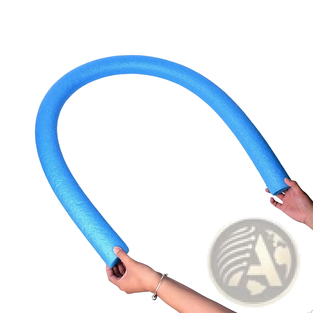 Blue foam swimming pool noodle float aid held by two hands for water support and swim training