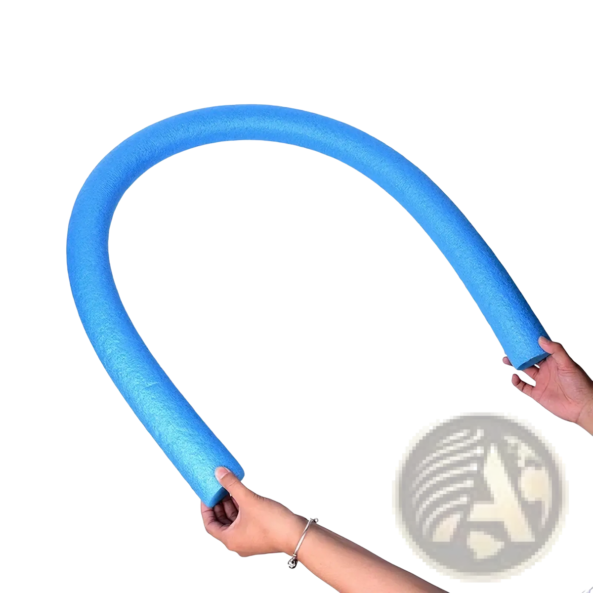 Blue foam swimming pool noodle float aid held by two hands for water support and swim training