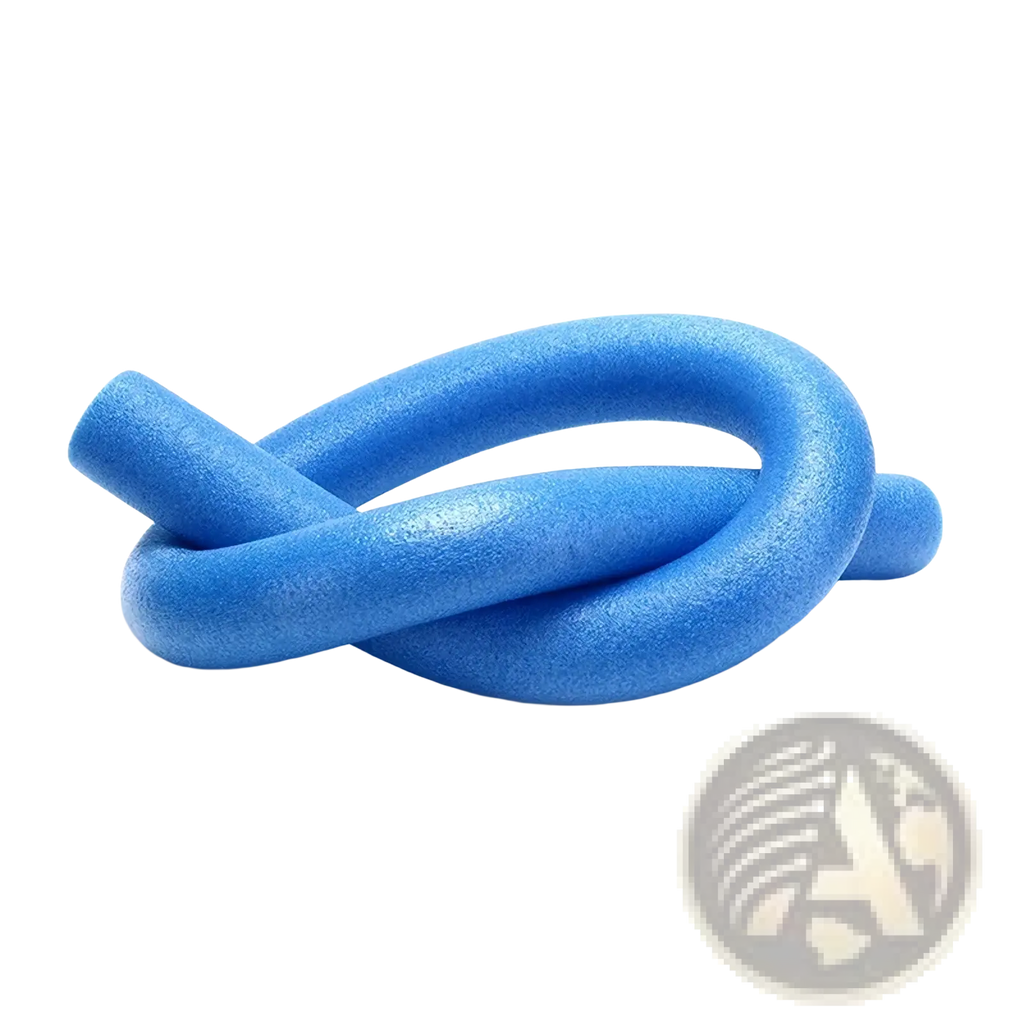 Blue swimming pool foam noodle float aid with textured slightly rough surface and rounded ends for buoyancy support