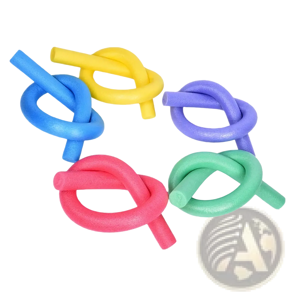 Swimming pool foam noodle float aid in blue yellow purple pink and green shaped into decorative knots