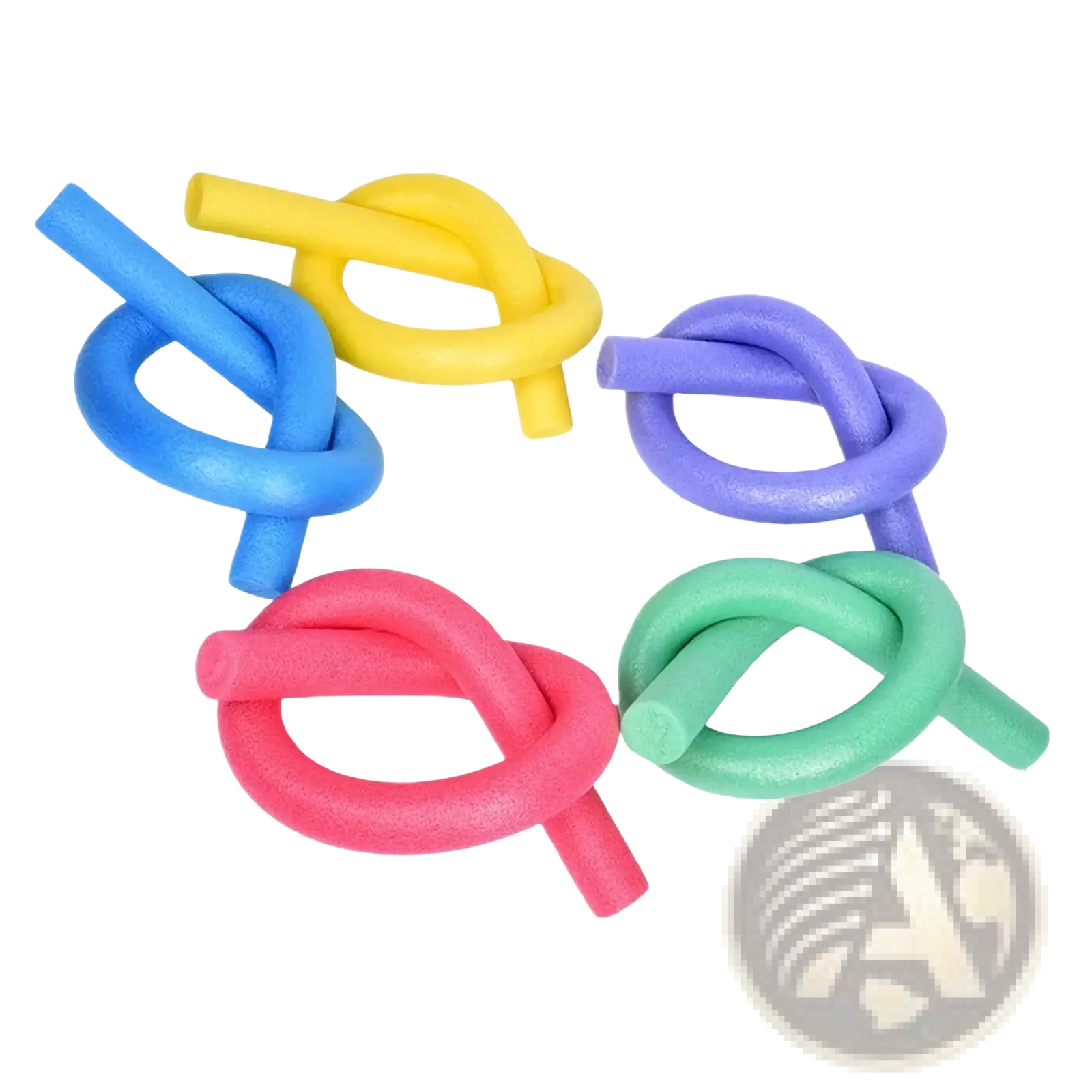 Swimming pool foam noodle float aid in blue yellow purple pink and green shaped into decorative knots