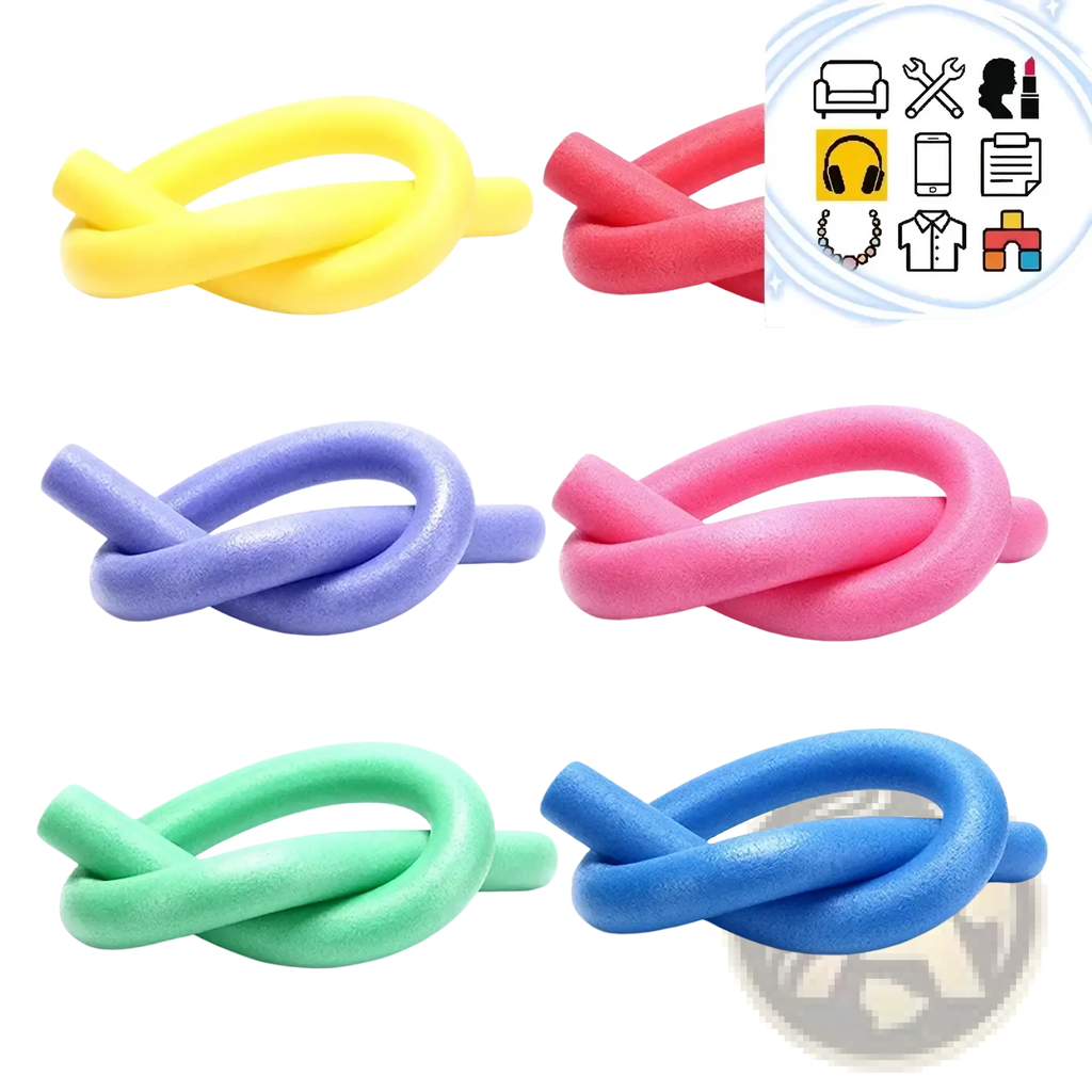 Brightly colored swimming pool foam noodle float aids in yellow pink purple green and blue made of soft foam material