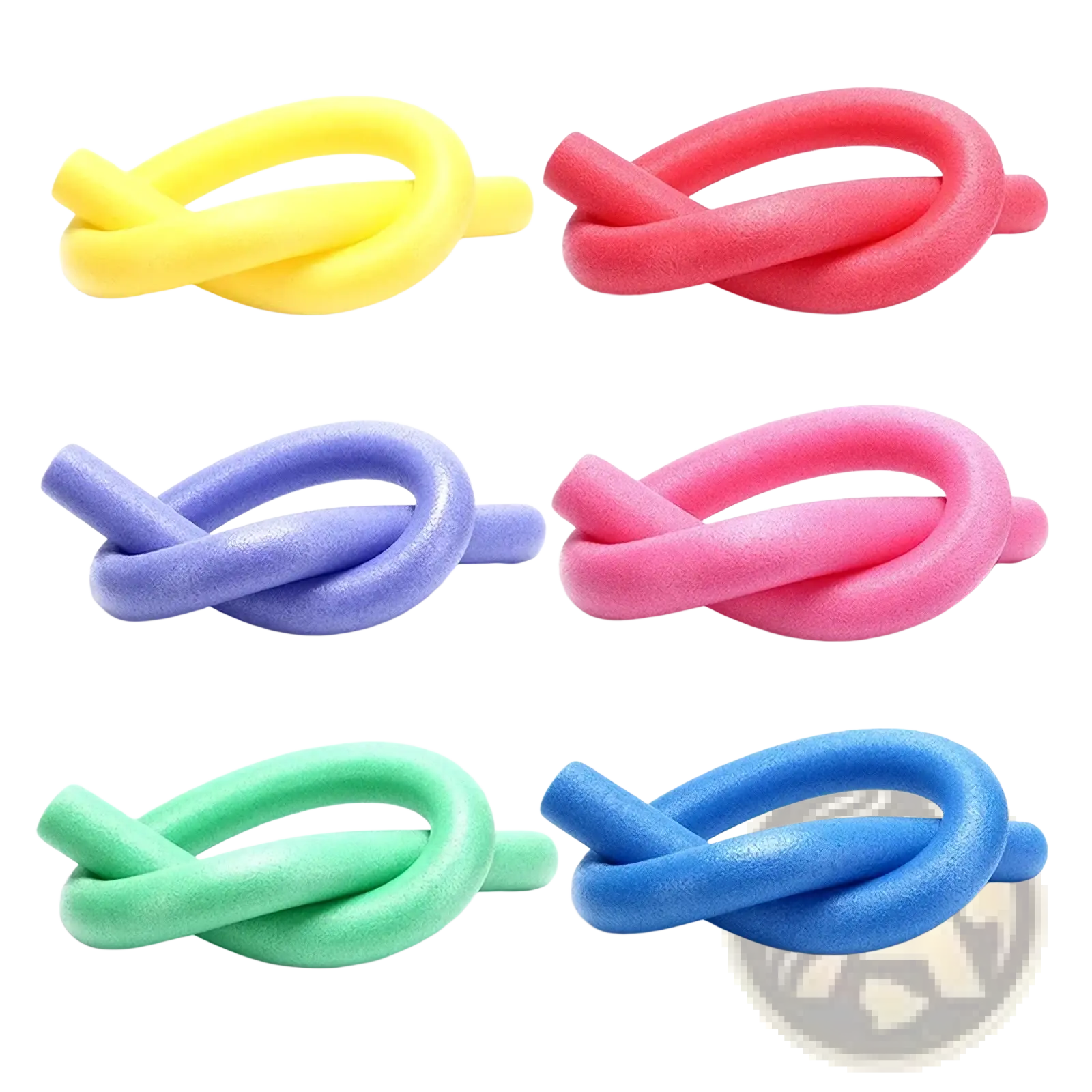 Brightly colored swimming pool foam noodle float aids in yellow pink purple mint green and blue made of soft foam