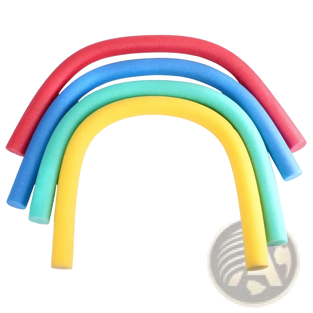 Swimming pool foam noodle float aid featuring rainbow-colored foam tubes arranged in an arch for buoyancy support