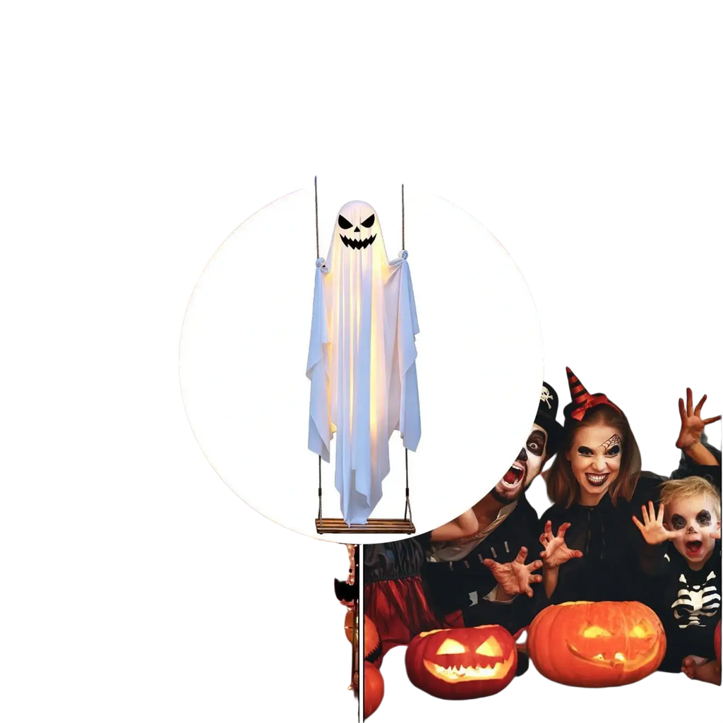 A glowing white swinging ghost halloween tree swing decoration with black face and hanging ropes 47 inch