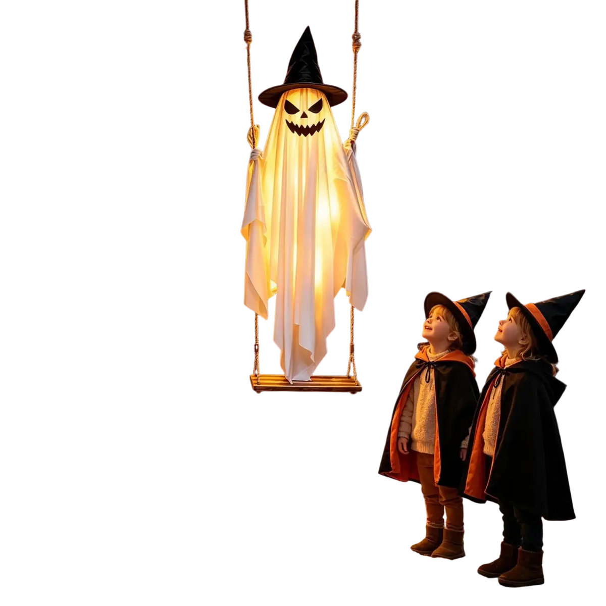 A glowing white swinging ghost halloween tree swing decoration with black pointed hat and internal lighting hanging from a branch
