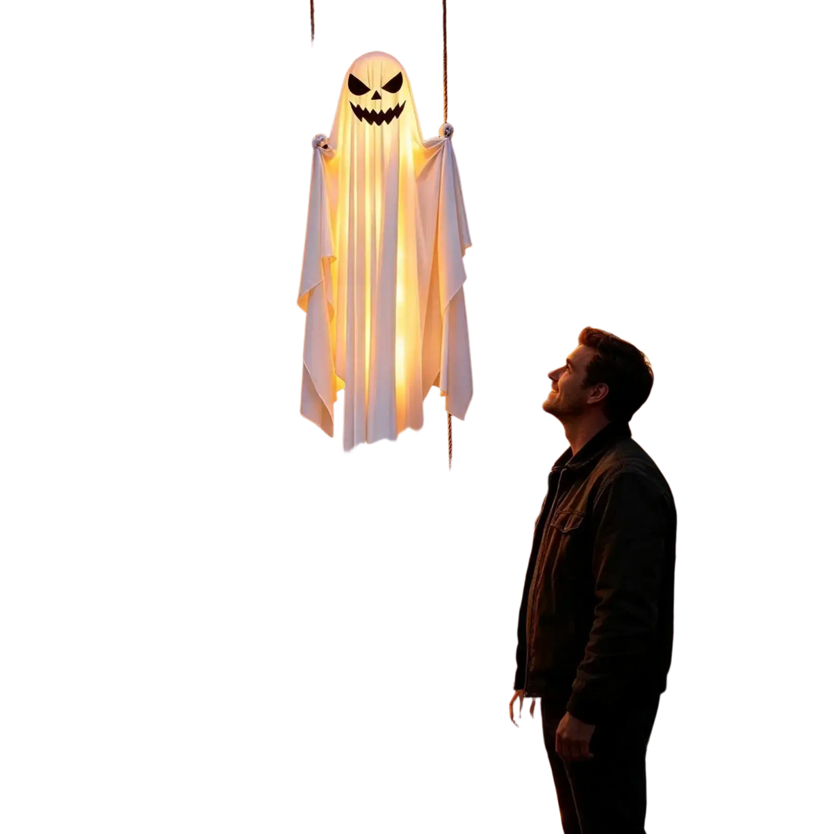 A glowing white swinging ghost halloween tree swing decoration with black facial features and translucent fabric