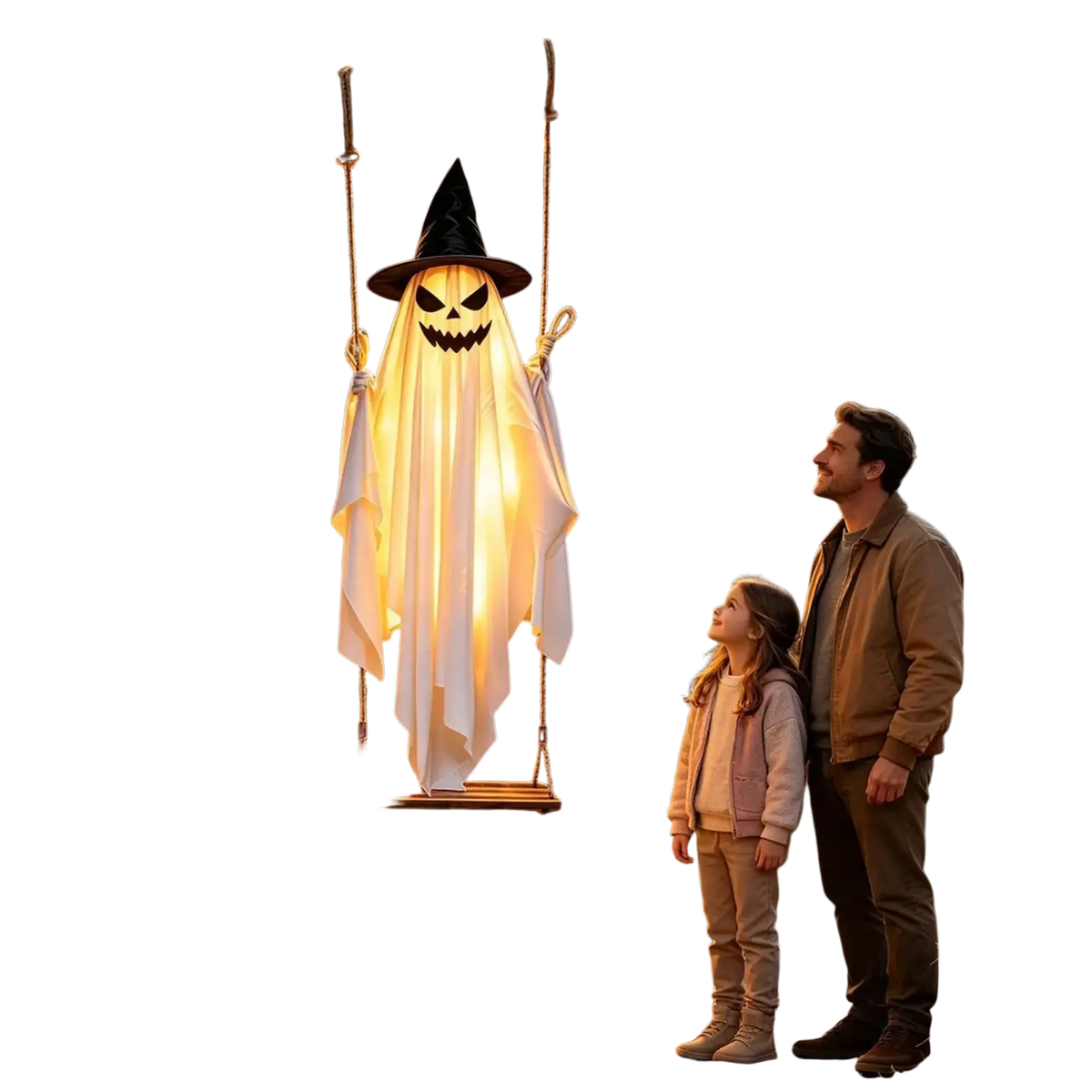 Glowing white swinging ghost halloween tree swing decoration wearing black witch hat illuminated inside