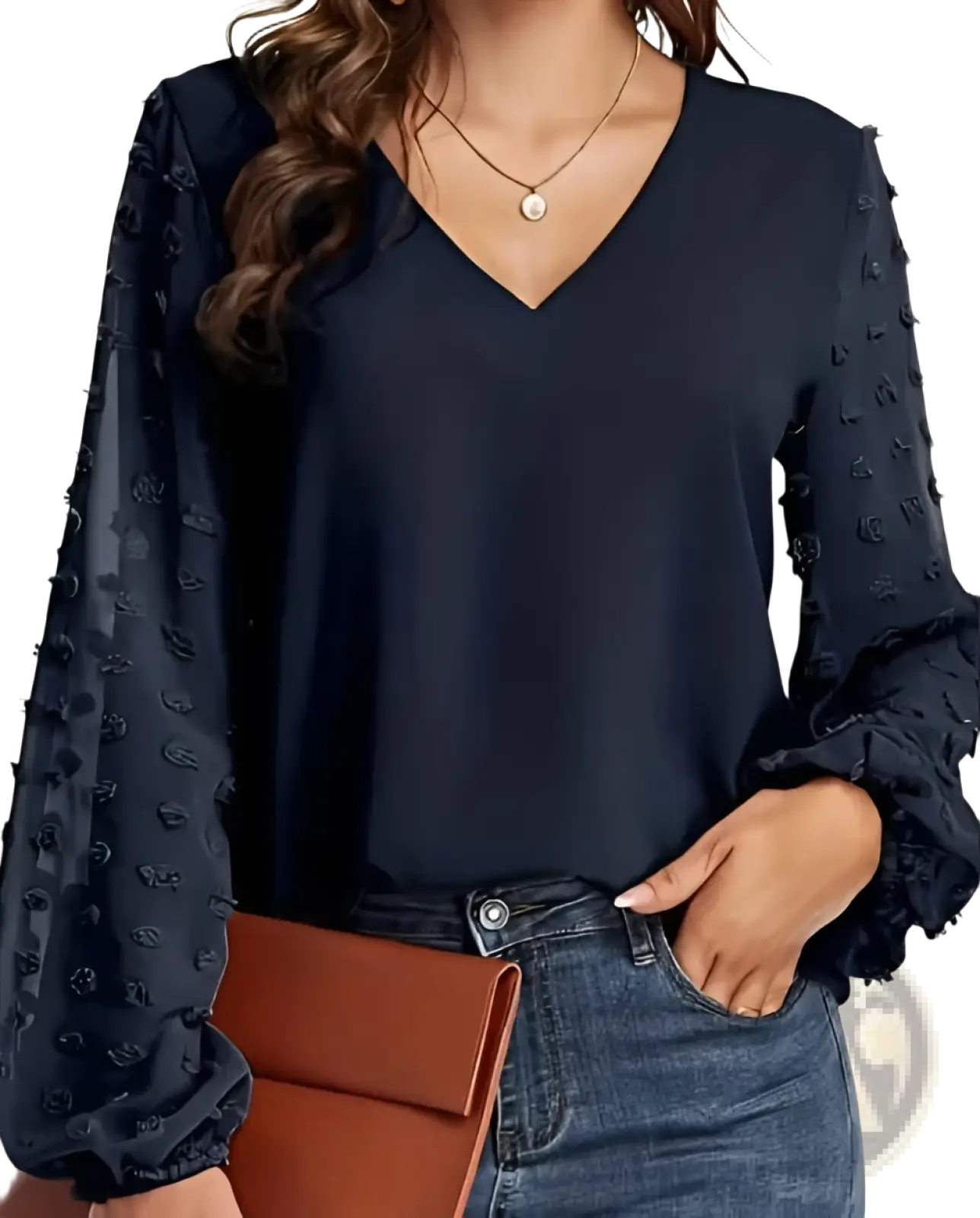 Black Swiss dot chiffon blouse with v neck and sheer textured long sleeves featuring pom-poms and ruffled cuffs