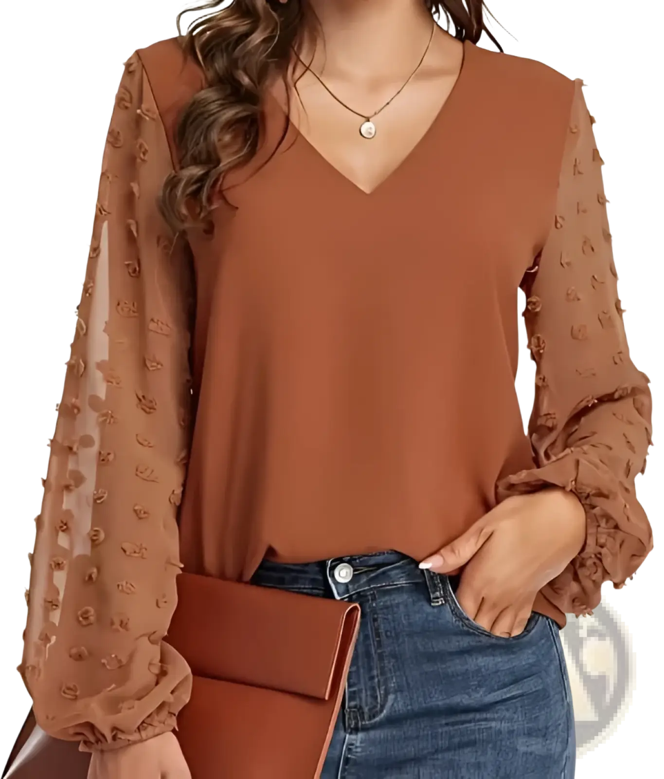 A rust-colored swiss dot chiffon blouse with v-neckline and sheer textured ruffle long sleeves