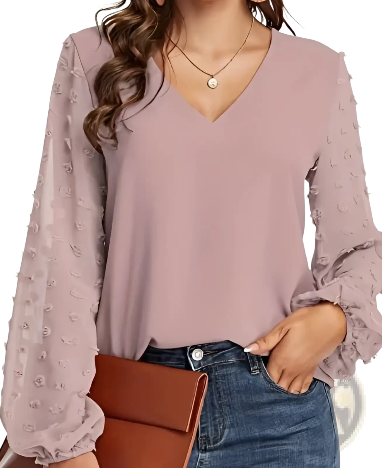 A soft lavender swiss dot v neck chiffon blouse with long textured ruffle sleeves for elegant wear