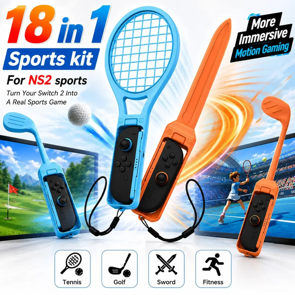 Switch 2 sports accessories kit 18 in 1 featuring blue and orange plastic controllers shaped like tennis racket golf club sword and running figure