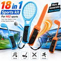 Switch 2 sports accessories kit 18 in 1 featuring blue and orange plastic controllers shaped like tennis racket golf club sword and running figure