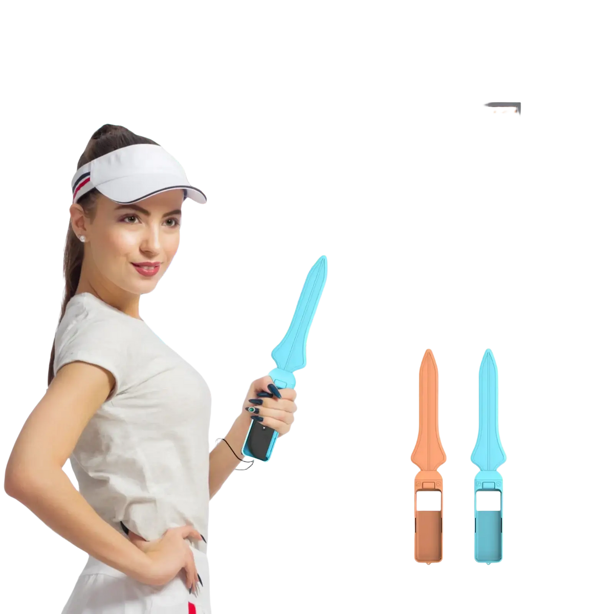 Blue plastic foldable sword controller with built-in smartphone holder from Switch 2 Sports Accessories Kit 18 in 1