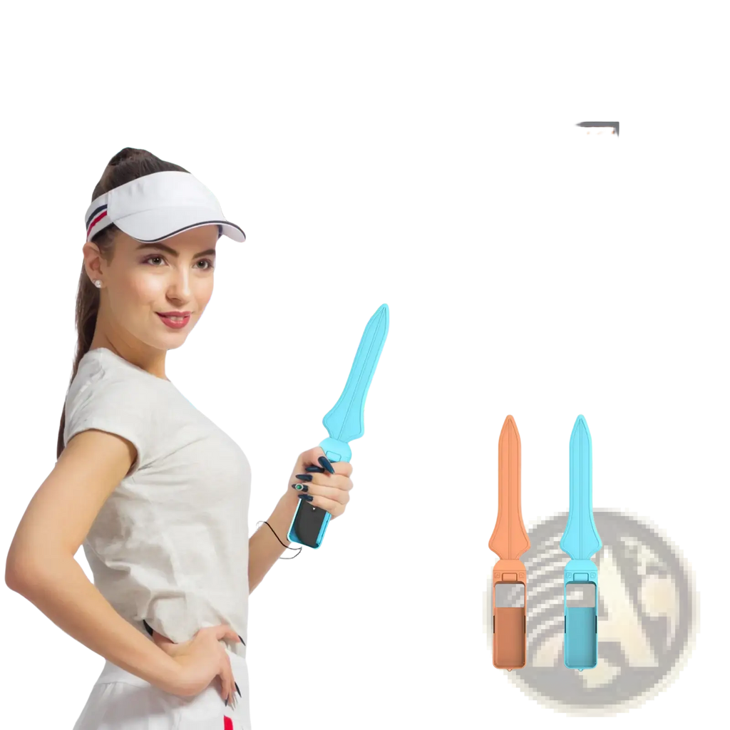 Blue plastic foldable sword controller with built-in smartphone holder from Switch 2 Sports Accessories Kit 18 in 1