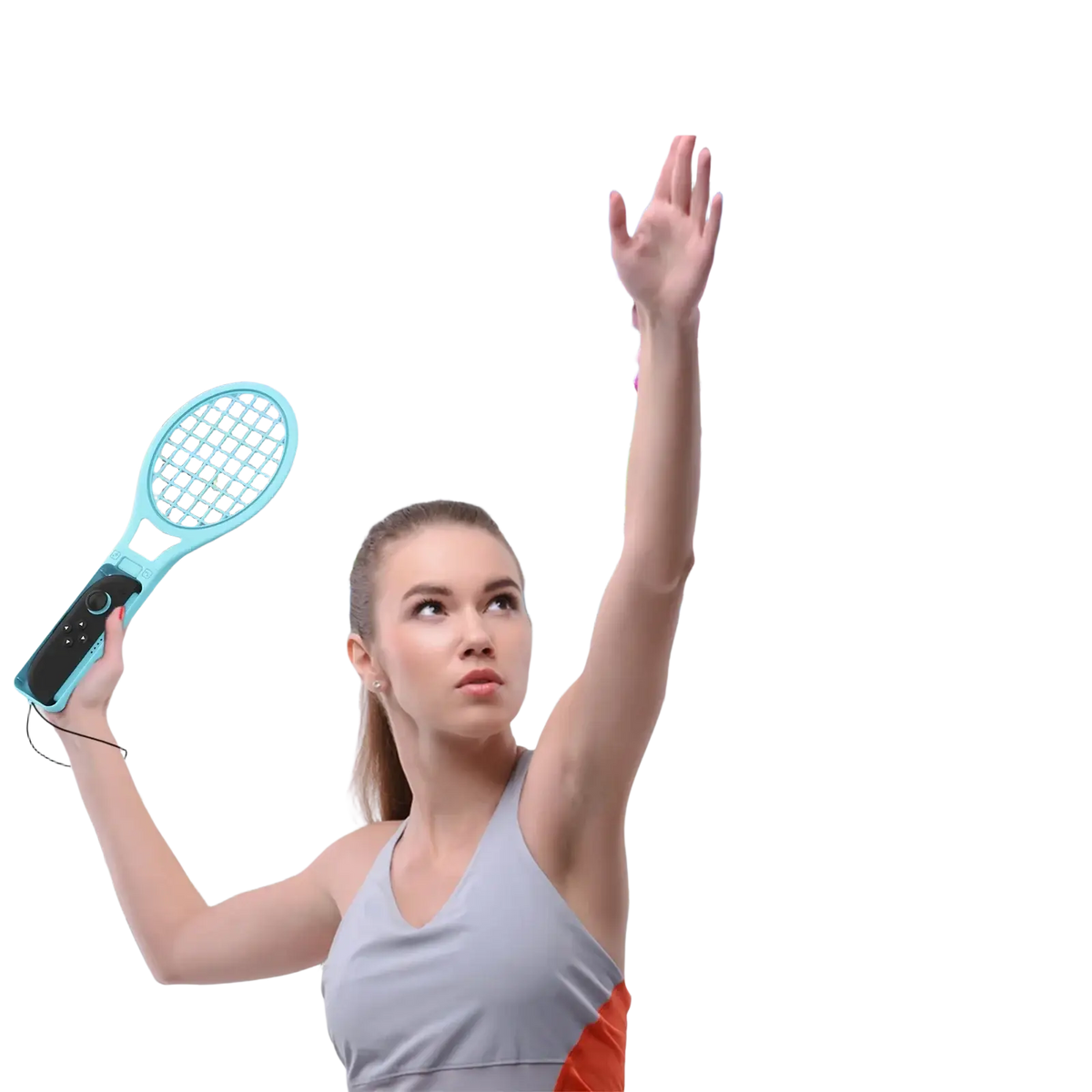 Light blue tennis racket shaped electric insect zapper with black grip and control button in Switch 2 Sports Accessories Kit 18 in 1
