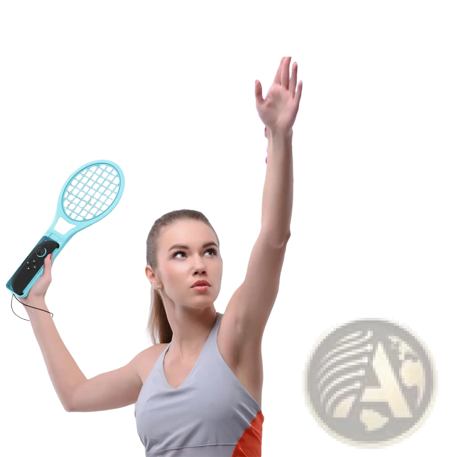Light blue tennis racket shaped electric insect zapper with black grip and control button in Switch 2 Sports Accessories Kit 18 in 1