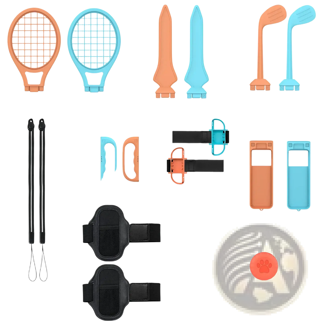 Switch 2 sports accessories kit 18 in 1 featuring colorful orange and light blue plastic toy tennis rackets swords and golf clubs