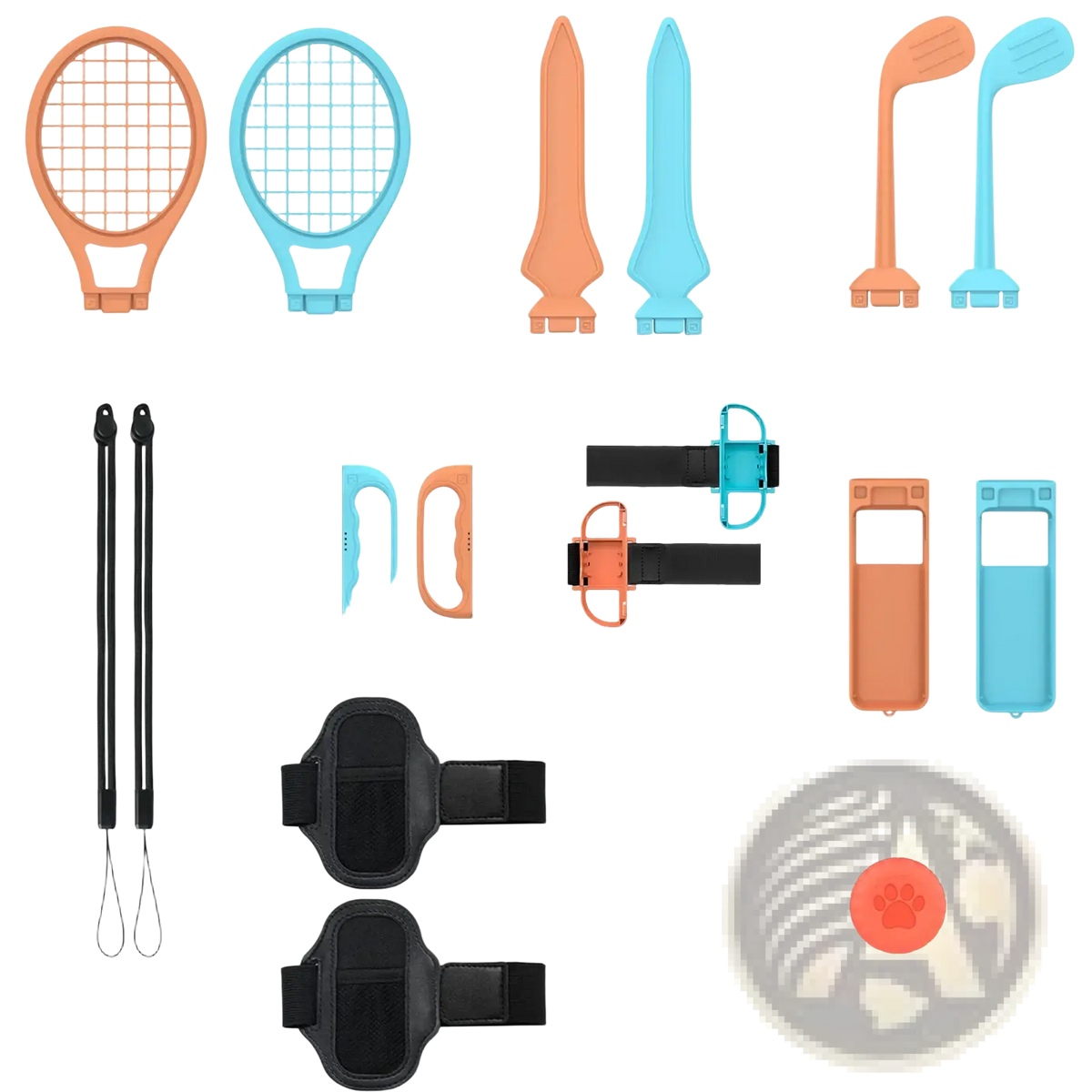 Switch 2 sports accessories kit 18 in 1 featuring colorful orange and light blue plastic toy tennis rackets swords and golf clubs