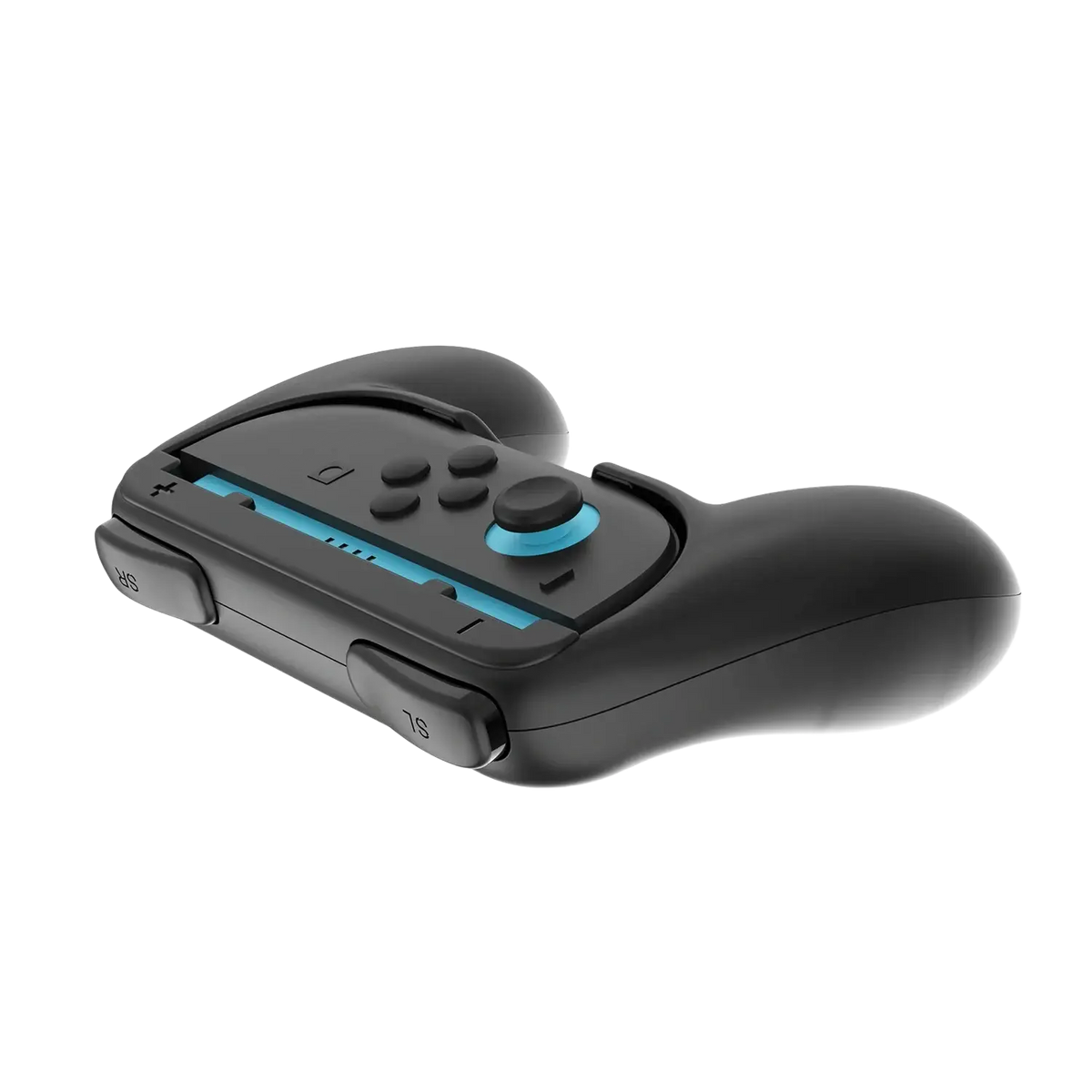 Black ergonomic switch controller grips with blue accent lighting on analog sticks and buttons for comfortable gaming