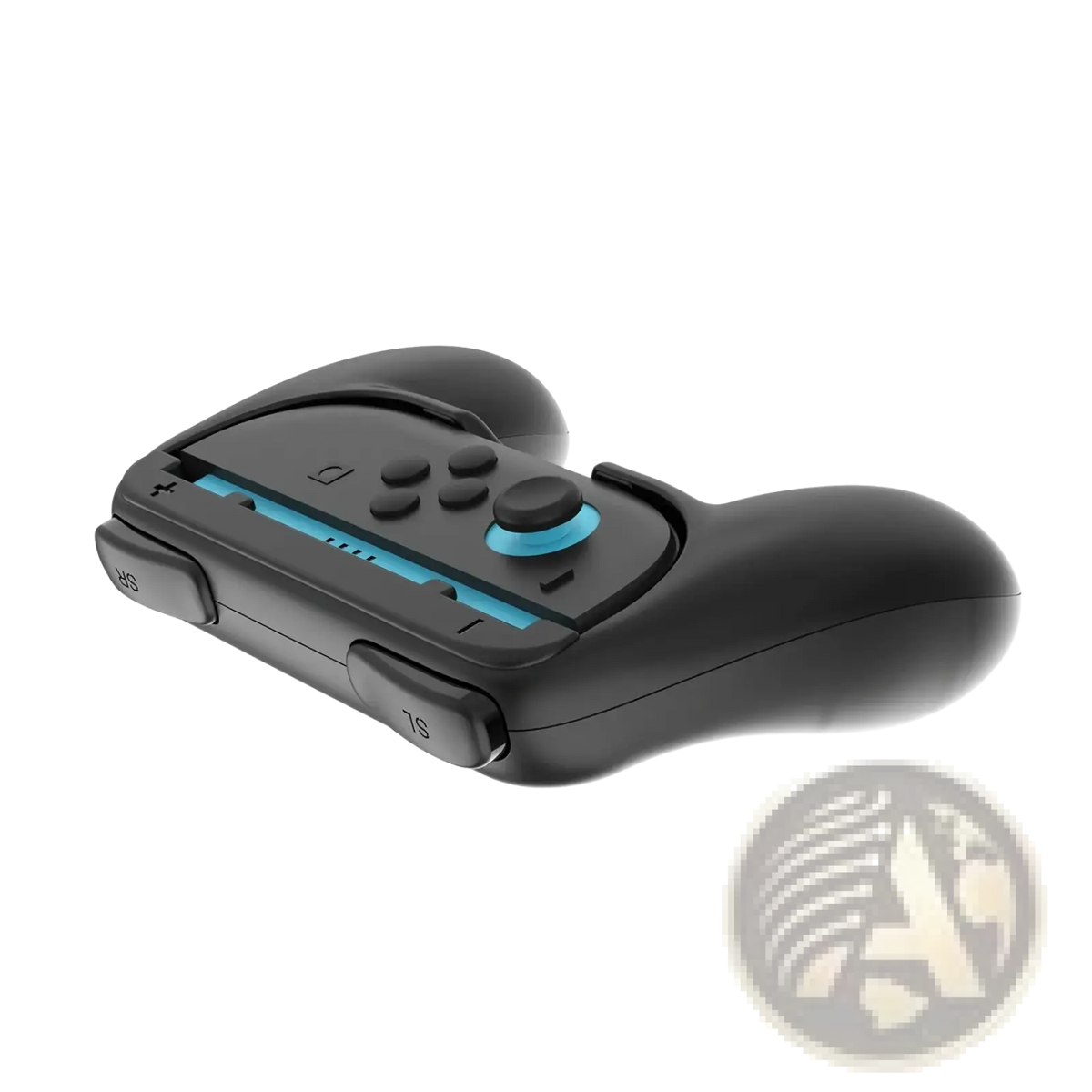 Black ergonomic switch controller grips with blue accent lighting on analog sticks and buttons for comfortable gaming
