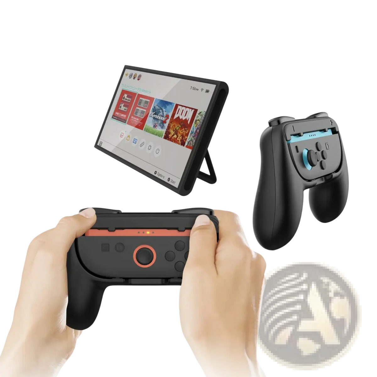 Black ergonomic grip attachment for Nintendo Switch Pro controller with orange accent ring and blue charging port