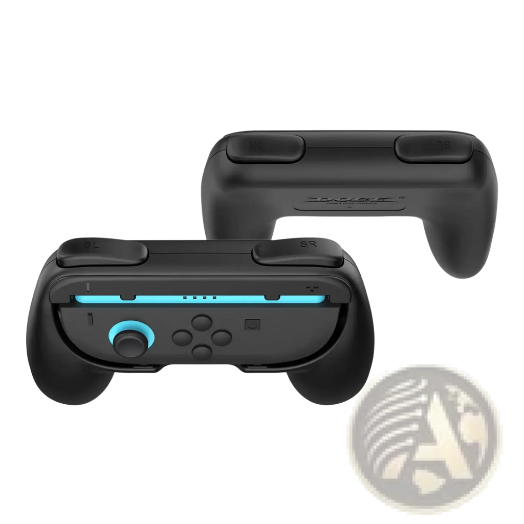 Black ergonomic switch controller grips with blue accent lighting around analog sticks and top edges for comfortable gaming