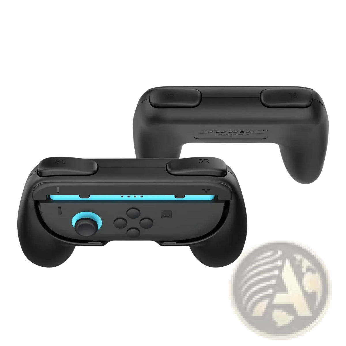 Black ergonomic switch controller grips with blue accent lighting around analog sticks and top edges for comfortable gaming