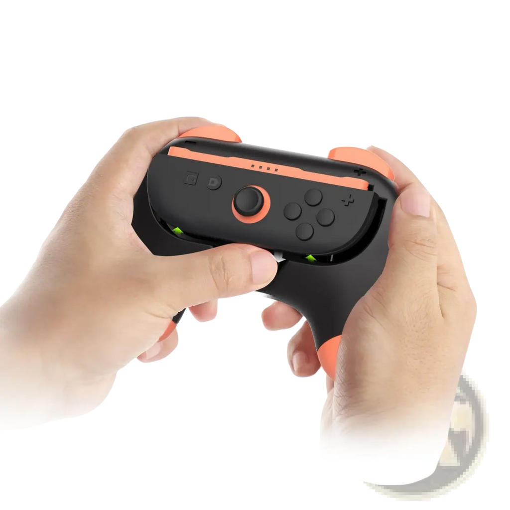 Black and orange ergonomic grip for Nintendo Switch Joy Con controllers made of durable material for comfortable gaming use