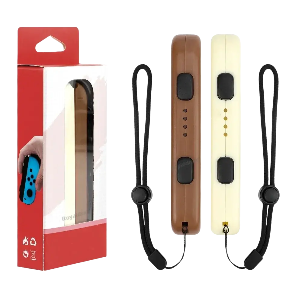 Brown and cream-colored switch joycons wrist strap hand rope replacement pair with black wrist straps for secure grip