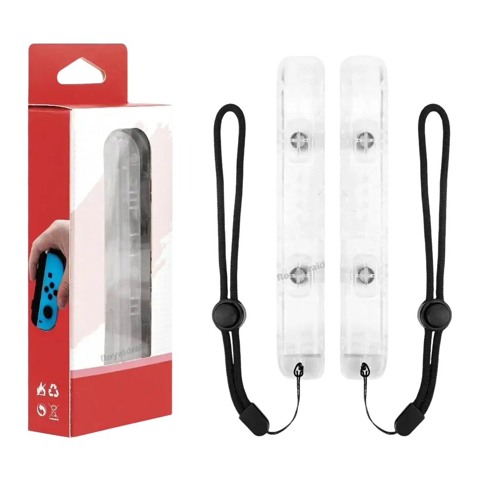 Clear plastic switch joycons grip covers with black fabric wrist straps hand rope replacement pair