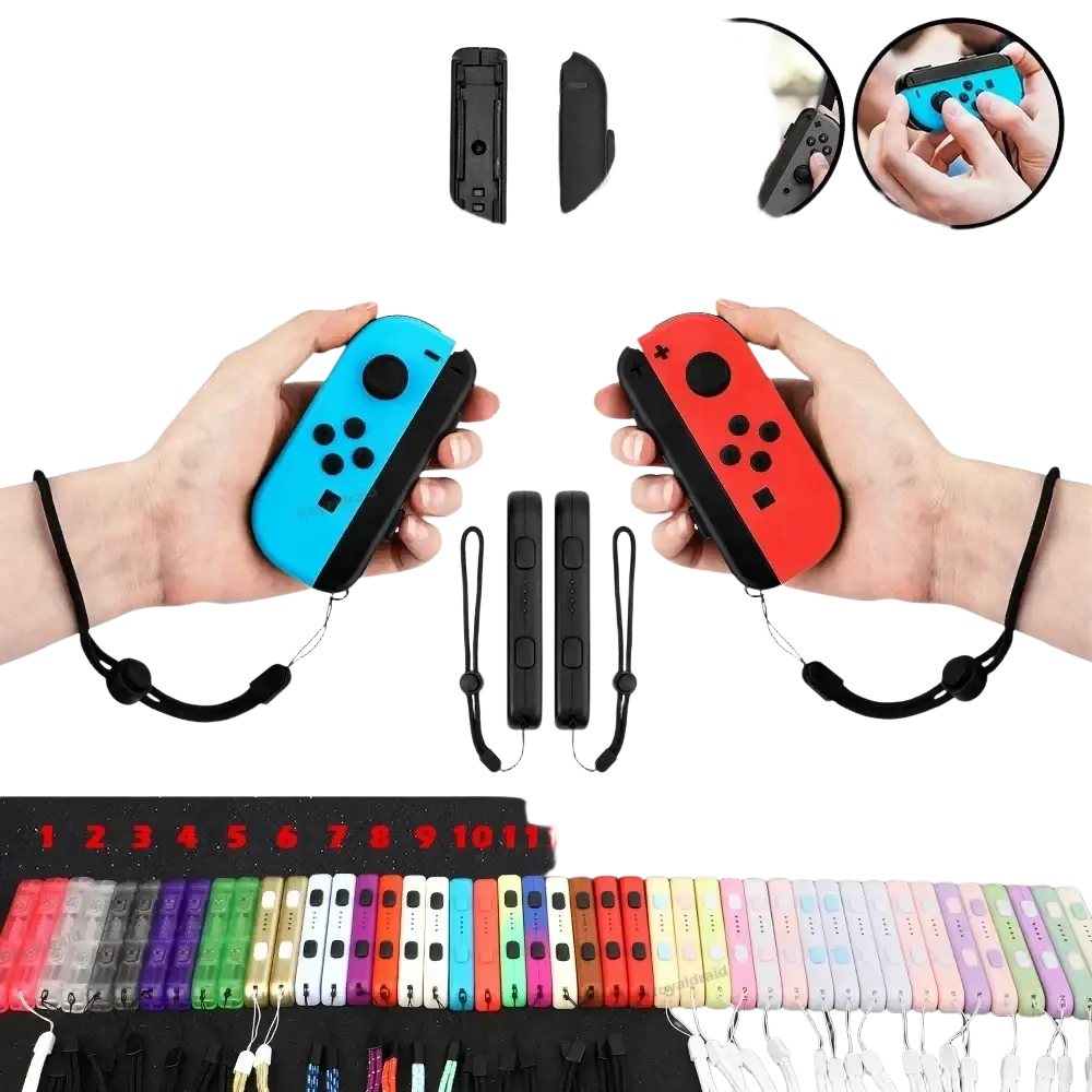 Colorful silicone wrist strap replacement pair for switch joycons with sleek black grip and adjustable hand rope