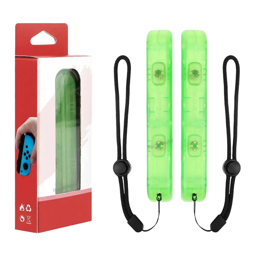 Green translucent switch joycons wrist strap replacement pair with black fabric loops and plastic clasps for hand rope use