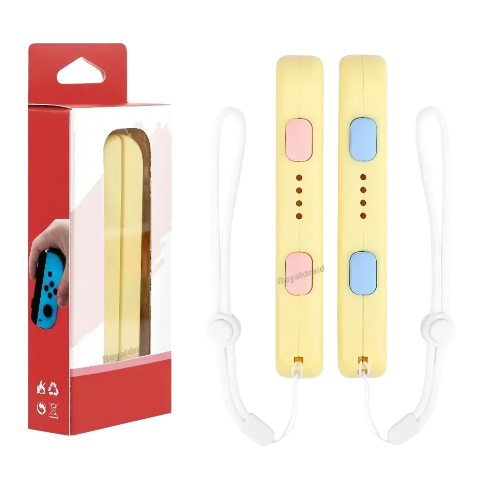 Pair of pastel yellow switch joycons with pink and blue buttons featuring white wrist strap hand rope replacement