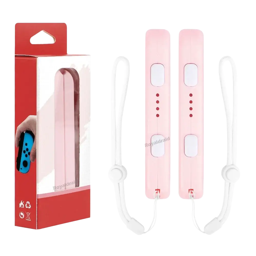 Pair of pink switch joycons with white wrist strap hand rope replacement for secure gaming grip
