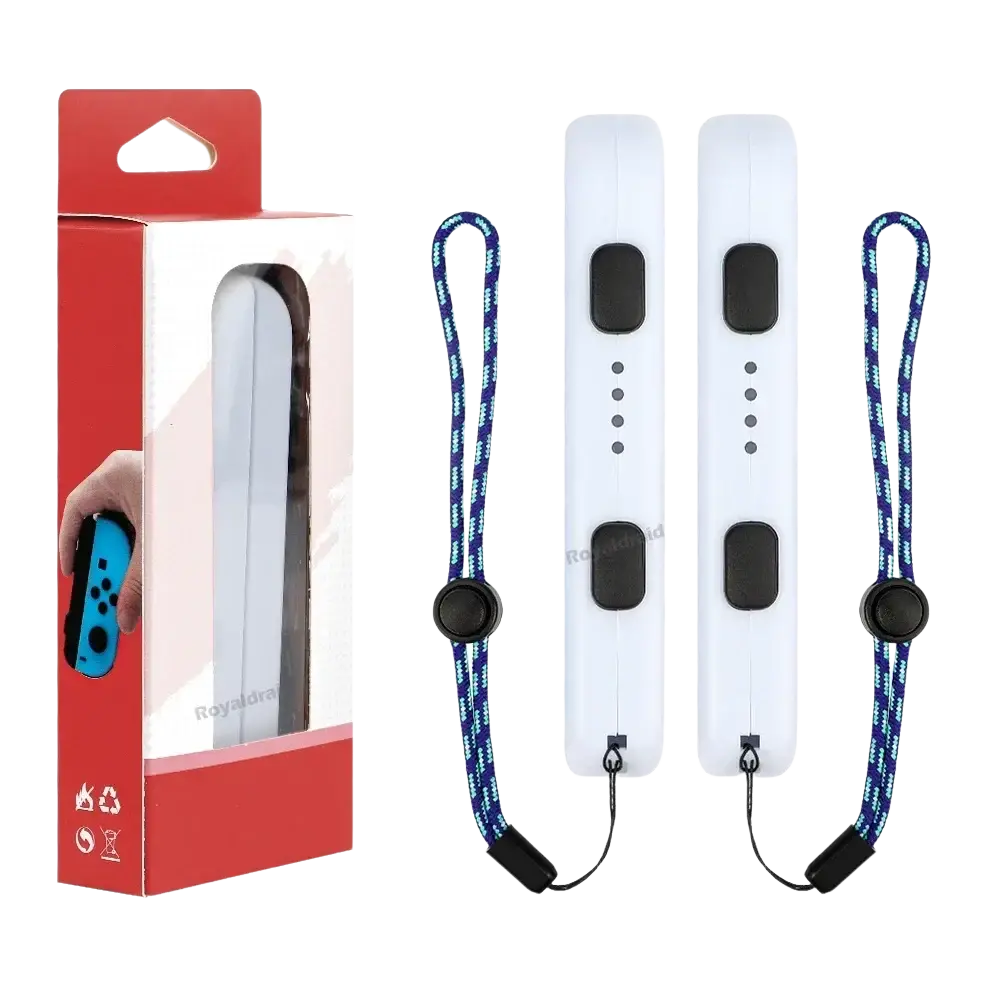 White Nintendo switch joycon grip covers with blue and black patterned wrist strap hand rope replacement pair