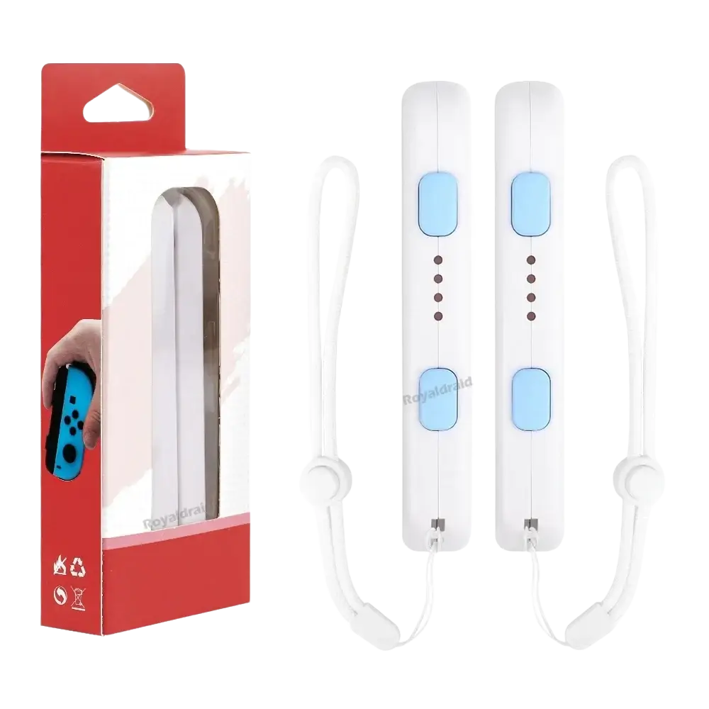 White nintendo switch joycons with light blue buttons and matching wrist strap hand rope replacement pair