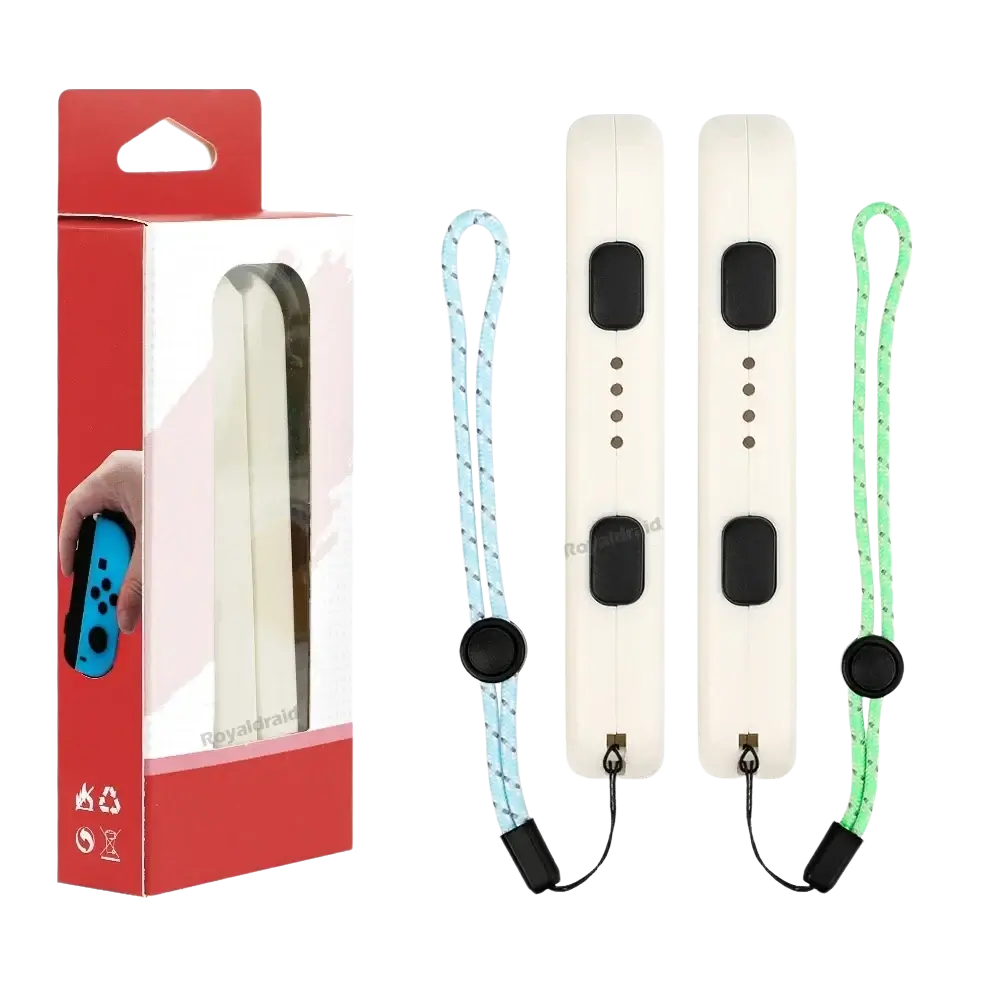 White Nintendo Switch Joycon grip covers with light blue and green patterned wrist strap hand rope replacement pair