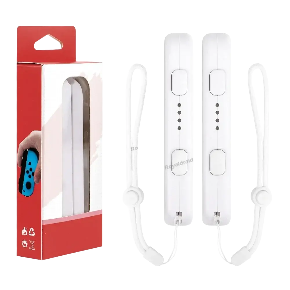 White Nintendo switch joycon grip controllers with integrated wrist strap hand rope replacement pair for secure gaming