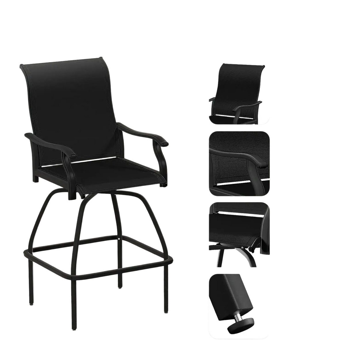 Black swivel bar stools with mesh back and seat metal frame and adjustable leveler base for outdoor patio use