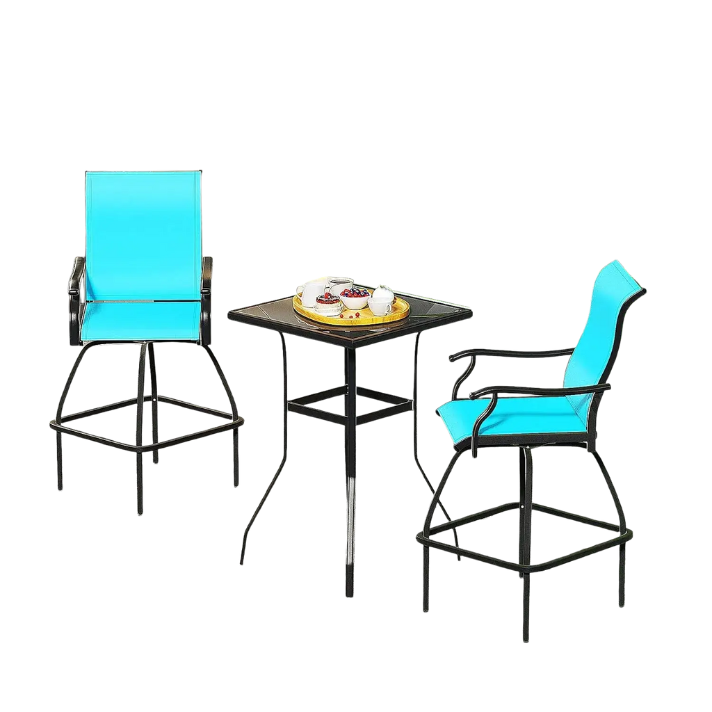 Bright blue cushioned swivel bar stools with black metal frames for outdoor patio furniture set of 2
