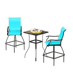Bright blue cushioned swivel bar stools with black metal frames for outdoor patio furniture set of 2