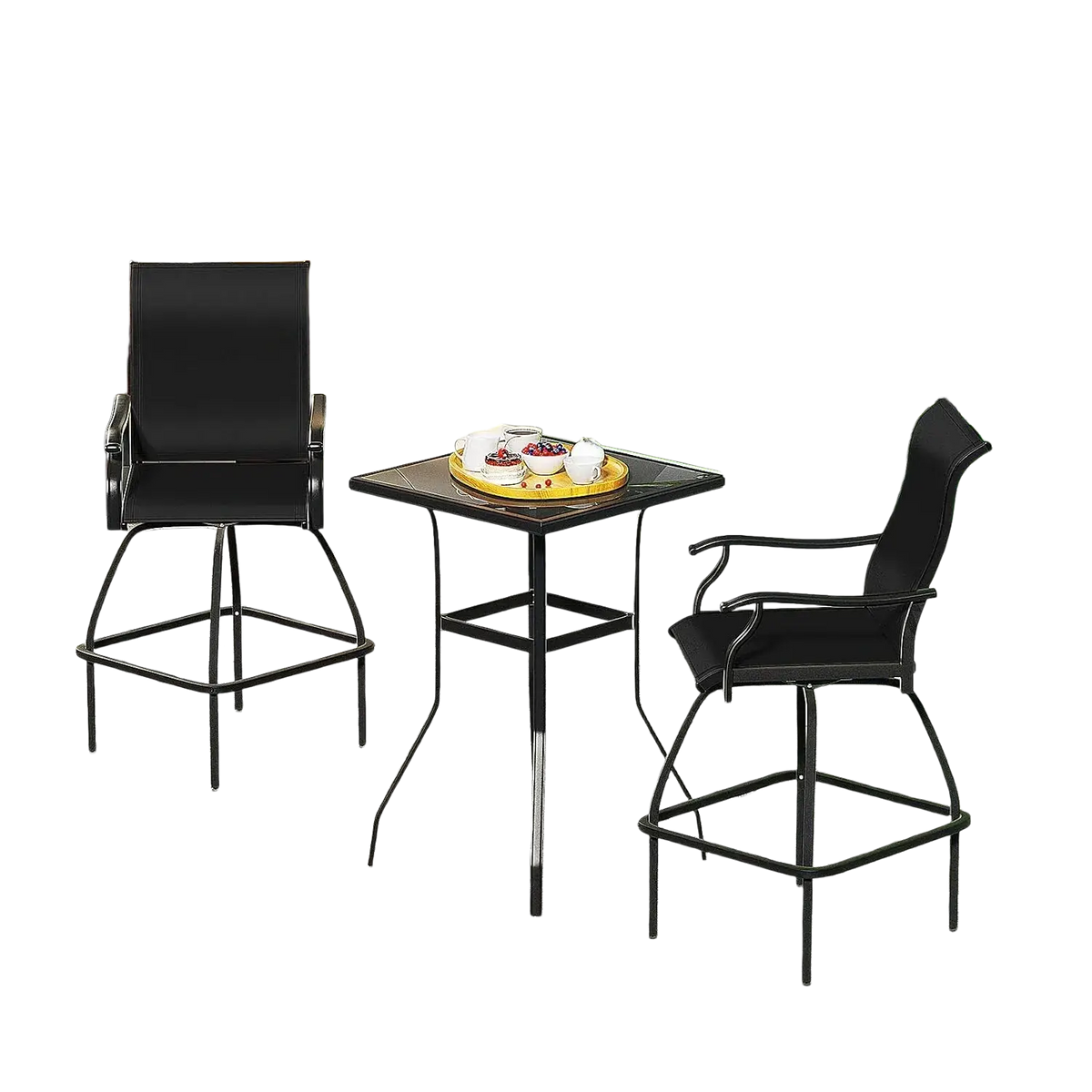 Black metal swivel bar stools with padded seat and backrest designed for outdoor patio furniture use