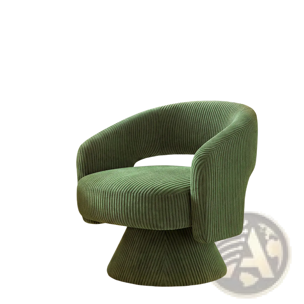 Emerald green corduroy swivel barrel accent chair with rounded plush design and matching pedestal base