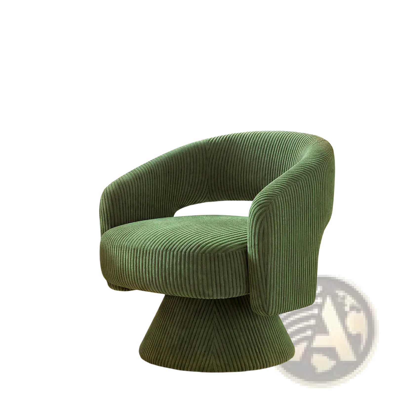 Emerald green corduroy swivel barrel accent chair with rounded plush design and matching pedestal base